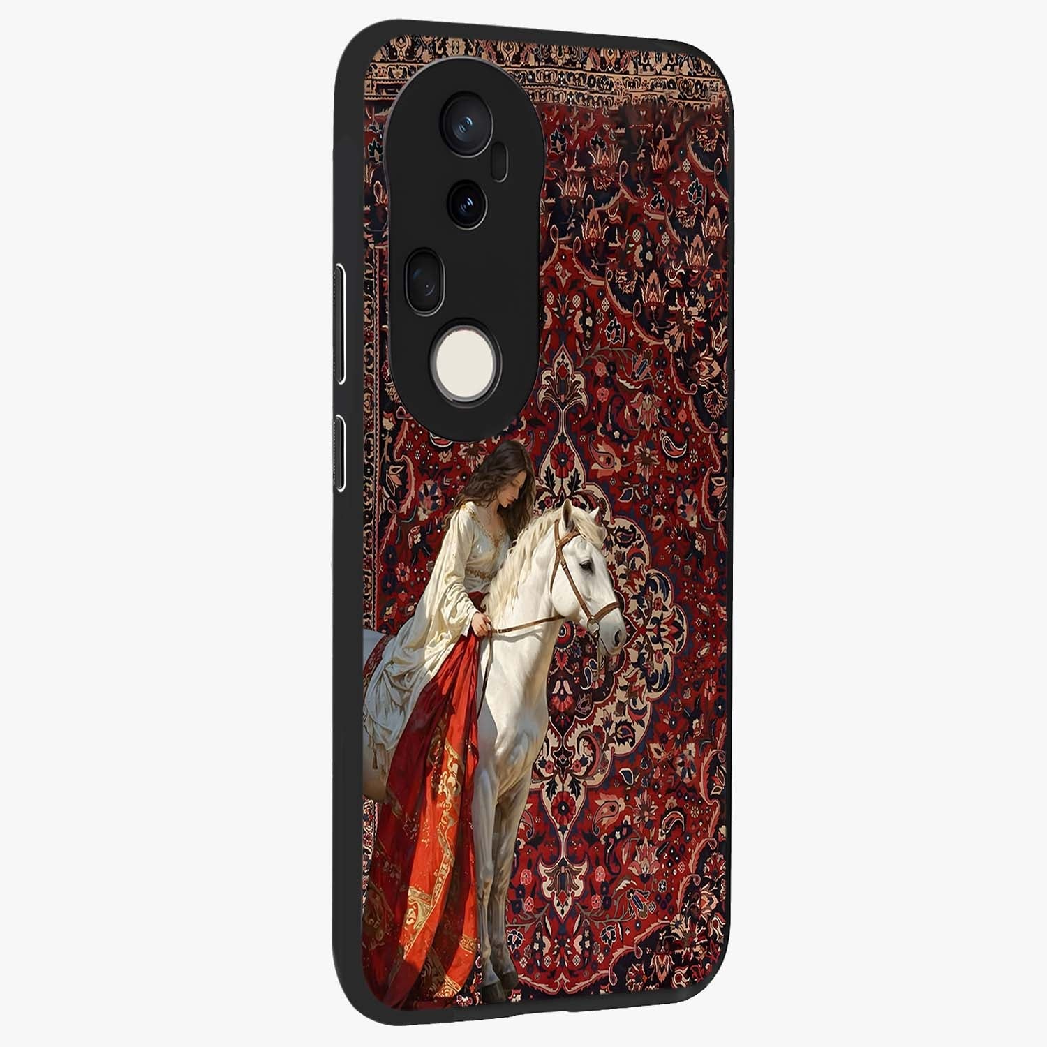 Royal Rider Tapestry Glass Case upright view showcasing detailed rider artwork with classic tapestry theme.