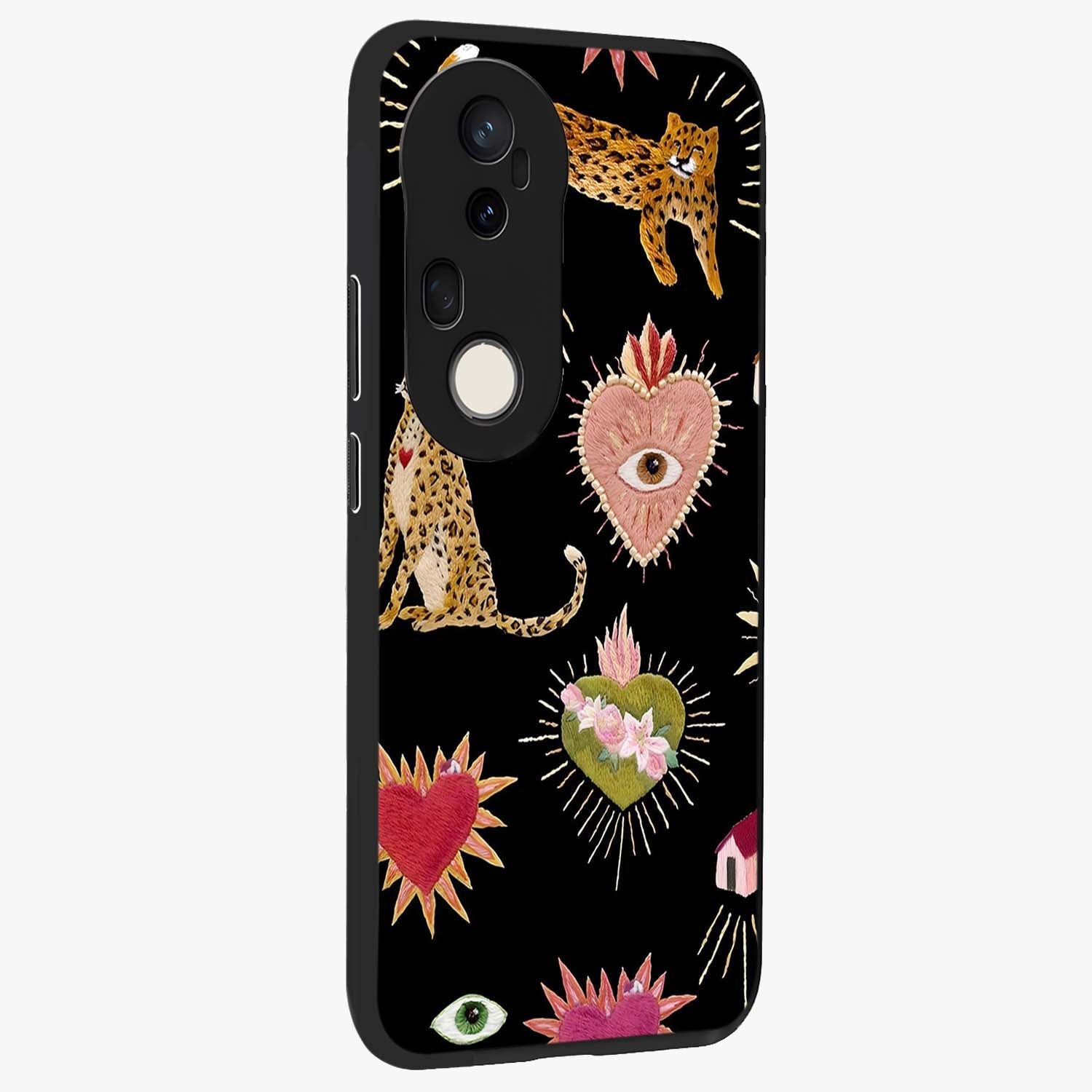 Sacred Jungle Heart Glass Case upright view showcasing vibrant jungle artwork with symbolic heart theme.