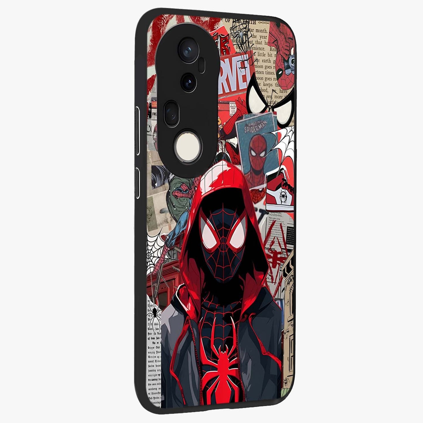 Spider Collage Street Glass Case upright view showcasing bold superhero artwork with urban street theme.