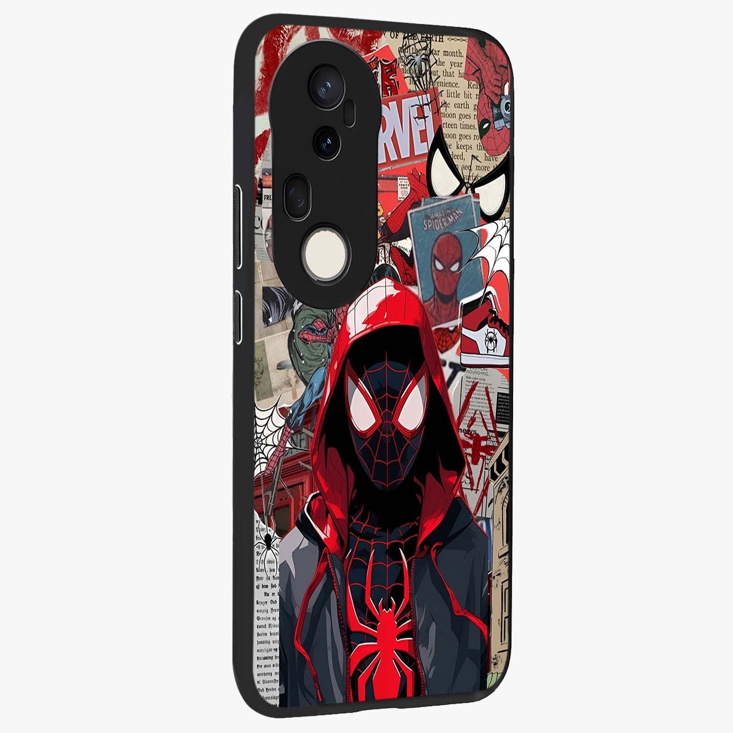 Spider Collage Street Glass Case upright view showcasing bold superhero artwork with urban street theme.