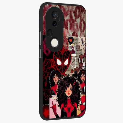 Spider Love Story Glass Case upright view showcasing charming superhero artwork with romantic comic theme.
