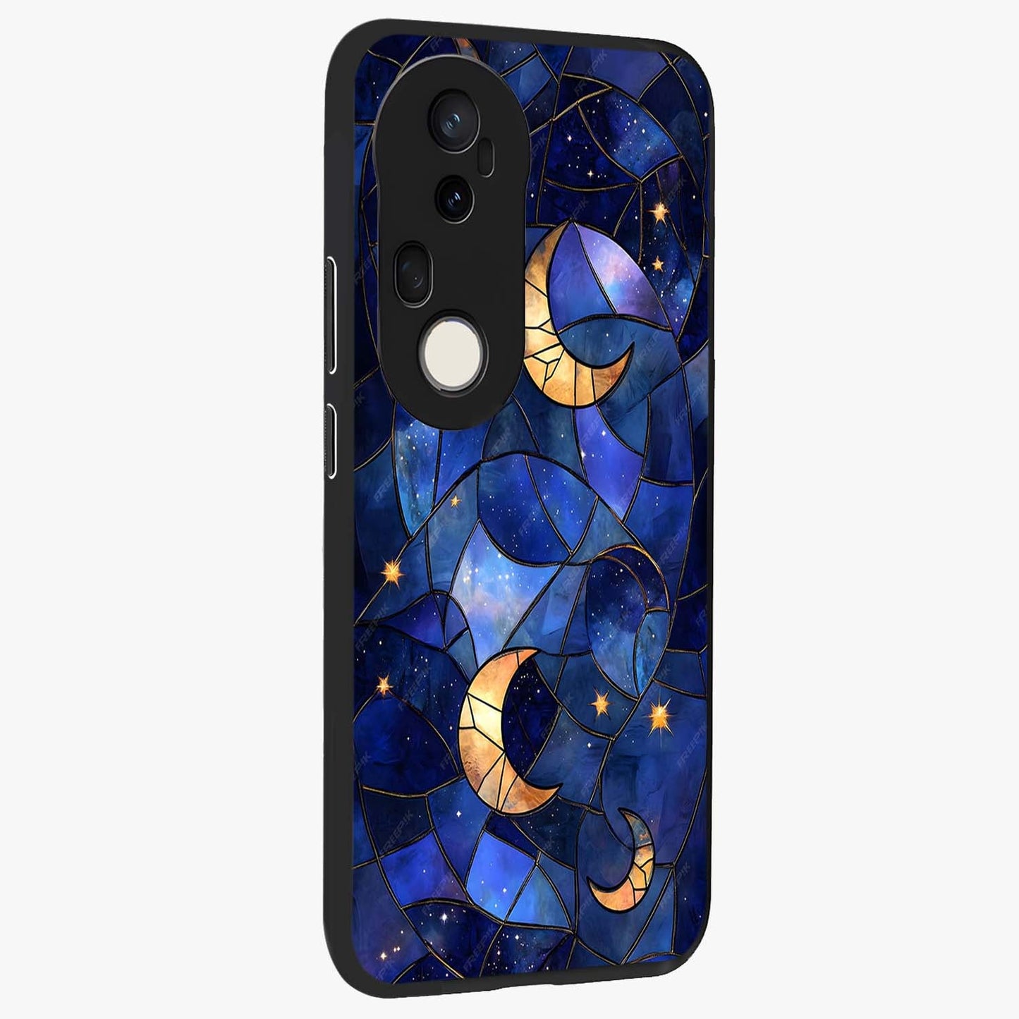 Starlit Sky Tapestry Glass Case upright view showcasing elegant starry sky artwork with cosmic decorative theme.