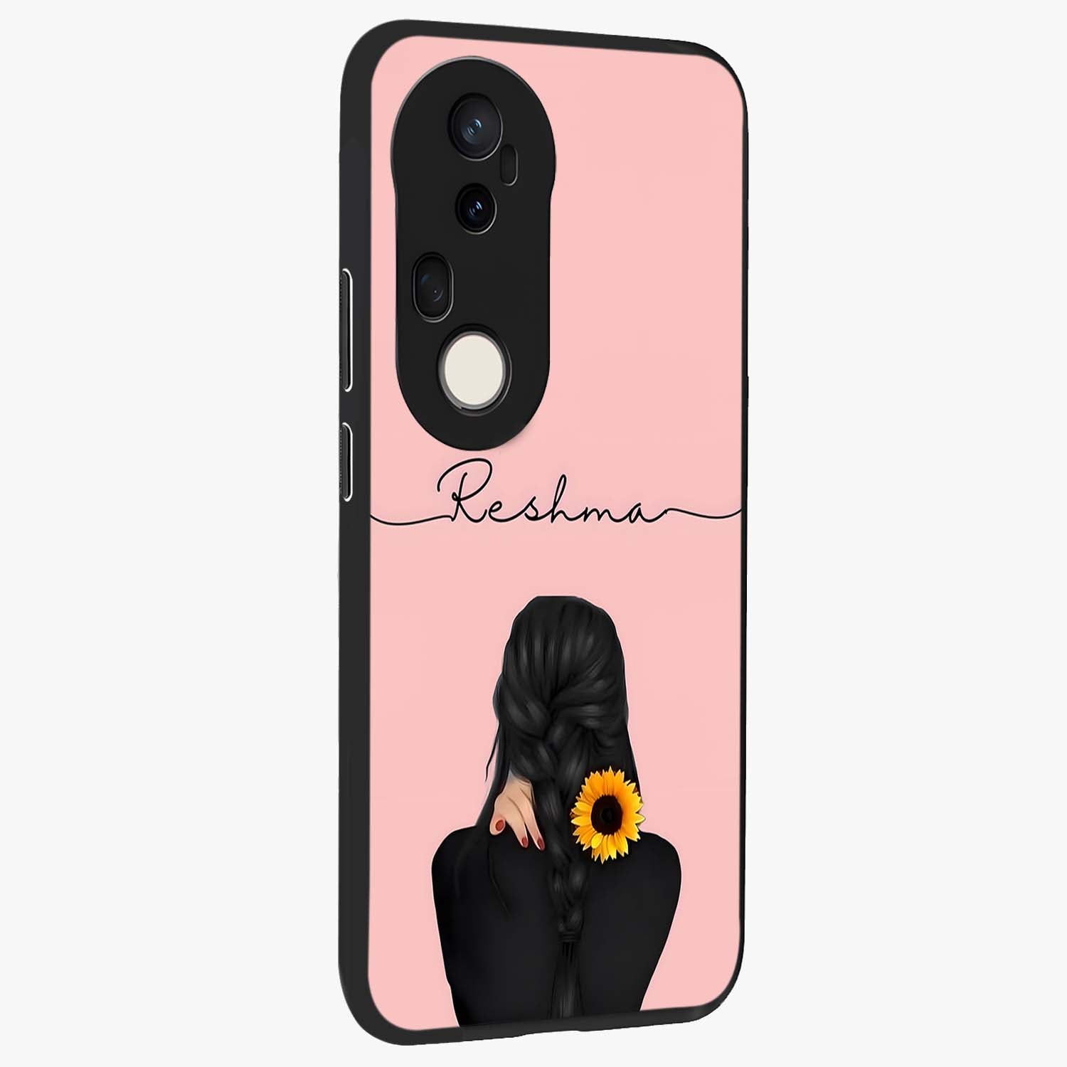 Sunflower Braid Beauty With Custom Name Glass Case upright view showcasing bright sunflower artwork with personalized floral aesthetic.