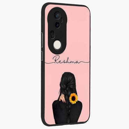 Sunflower Braid Beauty With Custom Name Glass Case upright view showcasing bright sunflower artwork with personalized floral aesthetic.
