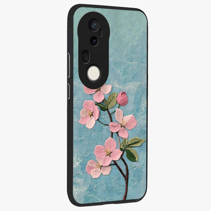 Threaded Blossom Breeze Glass Case upright view showcasing graceful flower artwork with calm botanical theme.