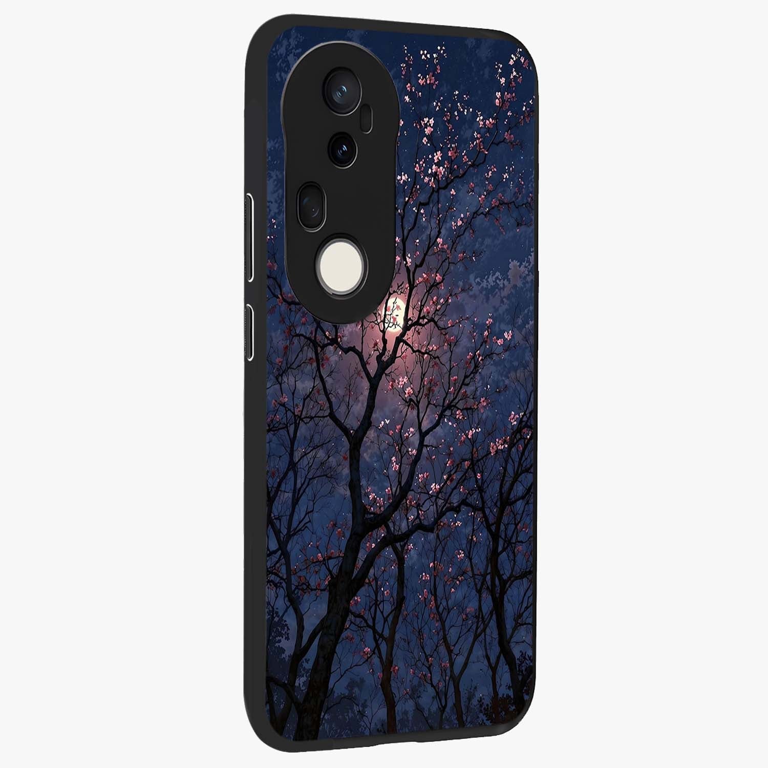 Twilight Sakura Serenade Glass Case upright view showcasing beautiful cherry blossom artwork with serene evening theme.