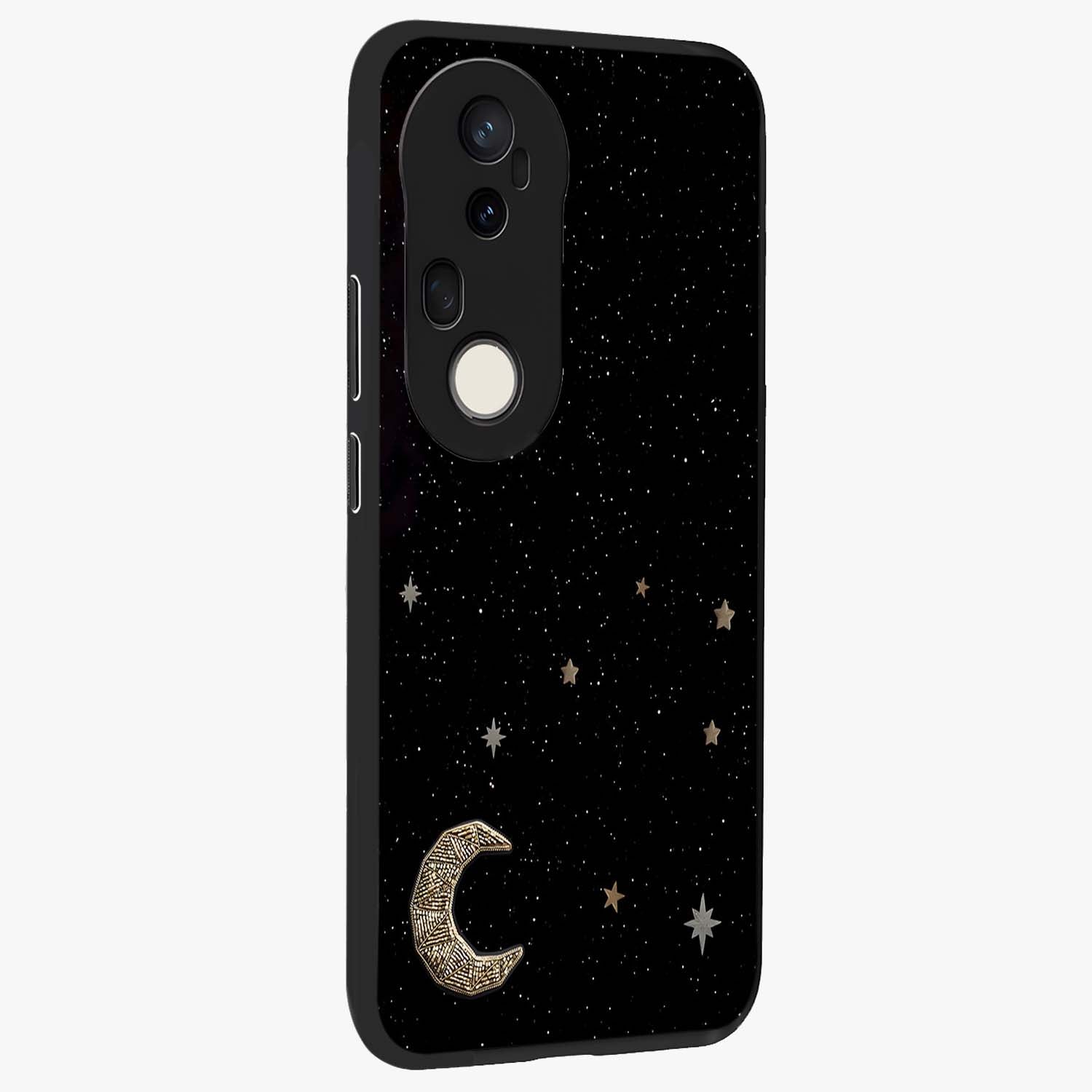 Twinkle Star With Half Moon Glass Case upright view showcasing glowing cosmic artwork with dreamy night theme.
