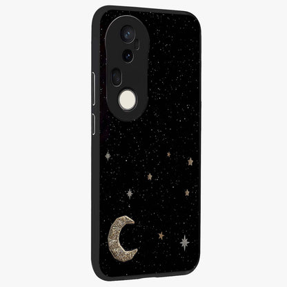 Twinkle Star With Half Moon Glass Case upright view showcasing glowing cosmic artwork with dreamy night theme.