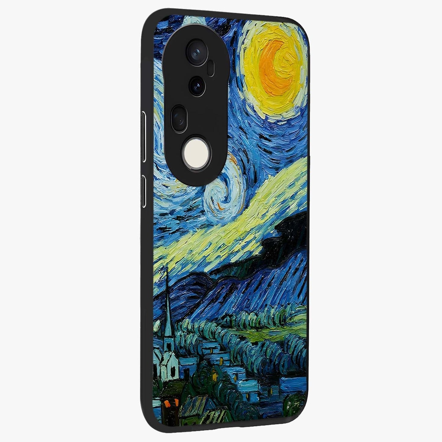 Van Gogh Art Glass Case upright view showcasing expressive painting style artwork with timeless artistic theme.