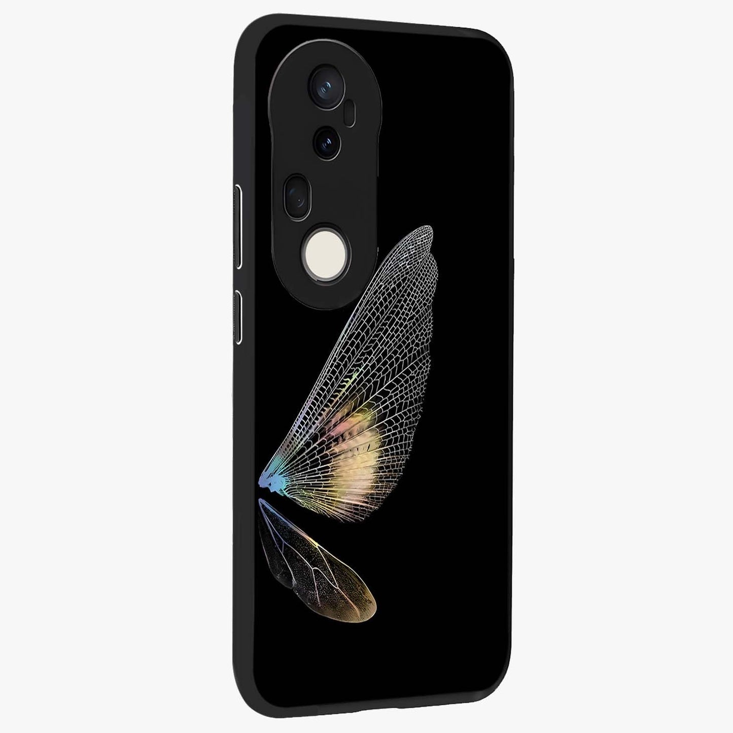 Whispers Of Wings Glass Case upright view showcasing elegant wing artwork with light airy theme.