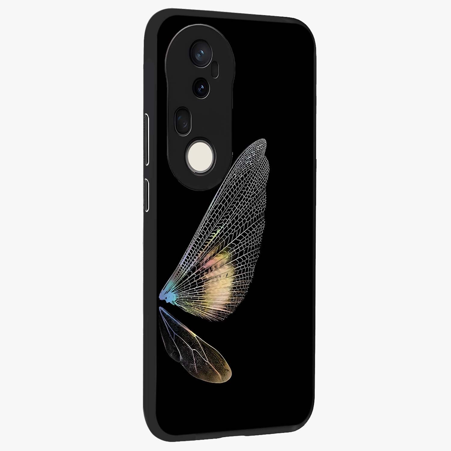 Whispers Of Wings Glass Case upright view showcasing elegant wing artwork with light airy theme.