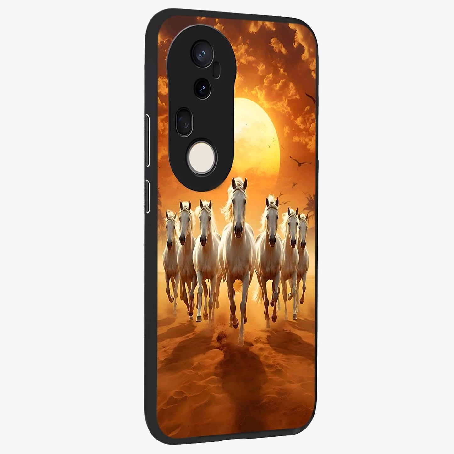 Wild Sunset Majesty Glass Case upright view showcasing dramatic sunset artwork with bold nature theme.