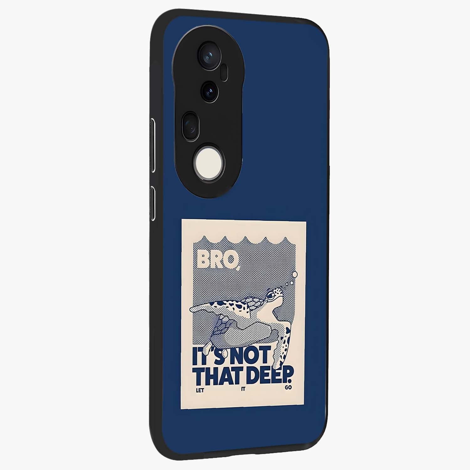 Worry Less Swim Glass Case upright view showcasing cheerful artistic artwork with carefree inspirational theme.