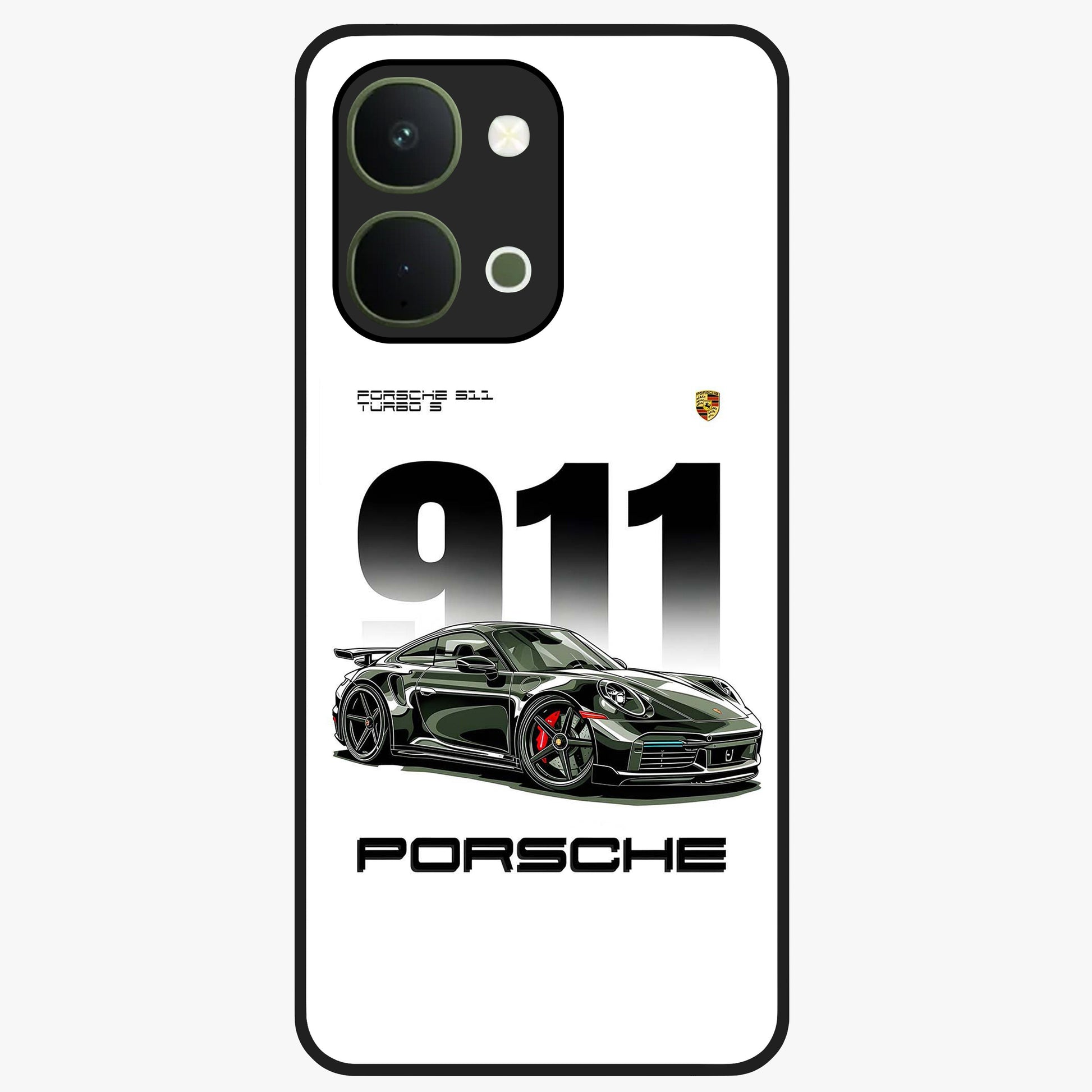 911 Turbo Dominance Glass Case showing clean flat back view with bold 911 sports car artwork and glossy glass finish.
