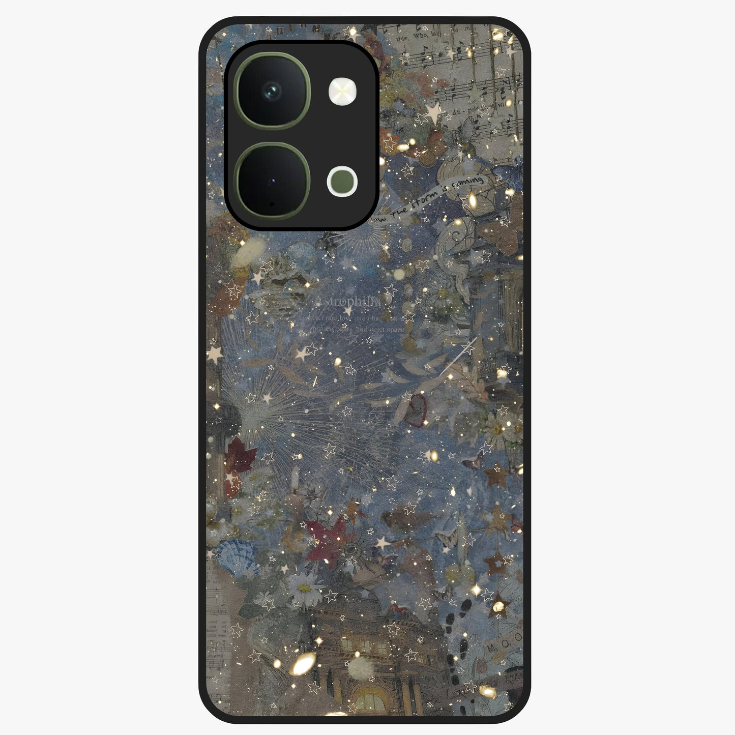 Aesthetic Astrolophia Glass Case showing flat back view with dreamy aesthetic design and glossy glass finish.