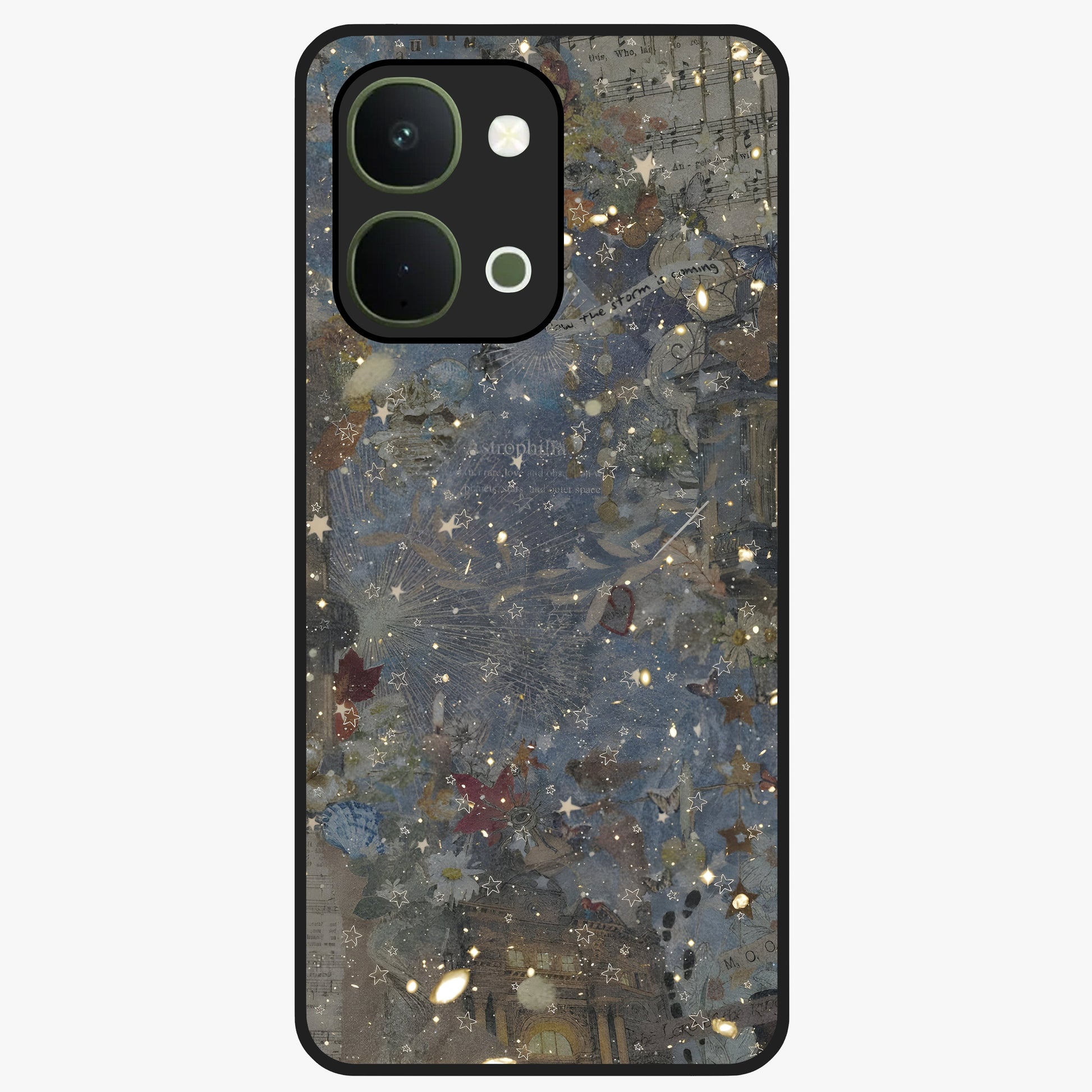 Aesthetic Astrolophia Glass Case showing flat back view with dreamy aesthetic design and glossy glass finish.