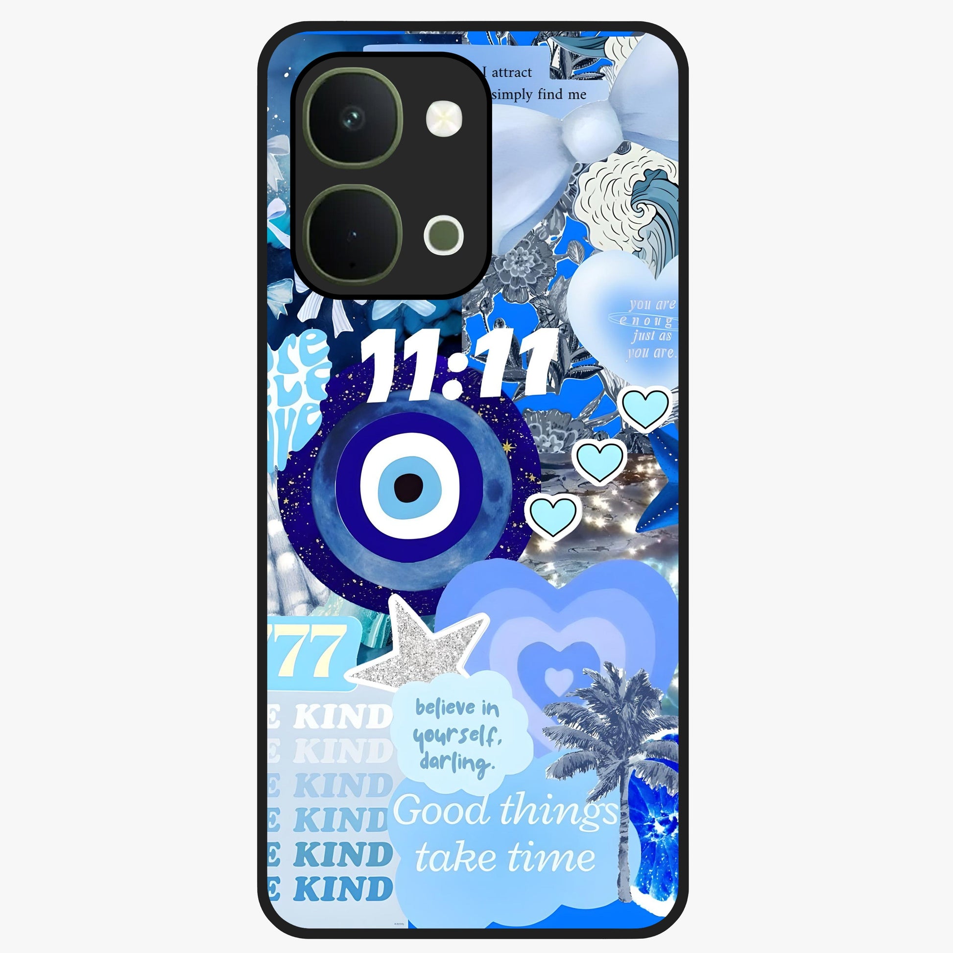 Aesthetic Be Kind Eye Glass Case showing flat back view with motivational eye artwork and glossy glass finish.