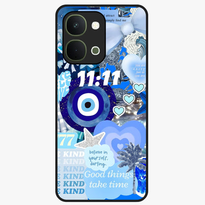 Aesthetic Be Kind Eye Glass Case showing flat back view with motivational eye artwork and glossy glass finish.