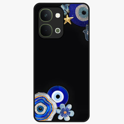 Aesthetic Blue Evil Eye Glass Case showing flat back view with protective evil eye artwork and glossy glass finish.