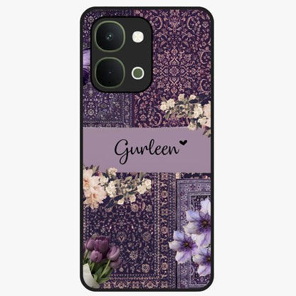Antique Floral Whisper Custom Name Glass Case showing flat back view with vintage floral artwork and personalized name design.