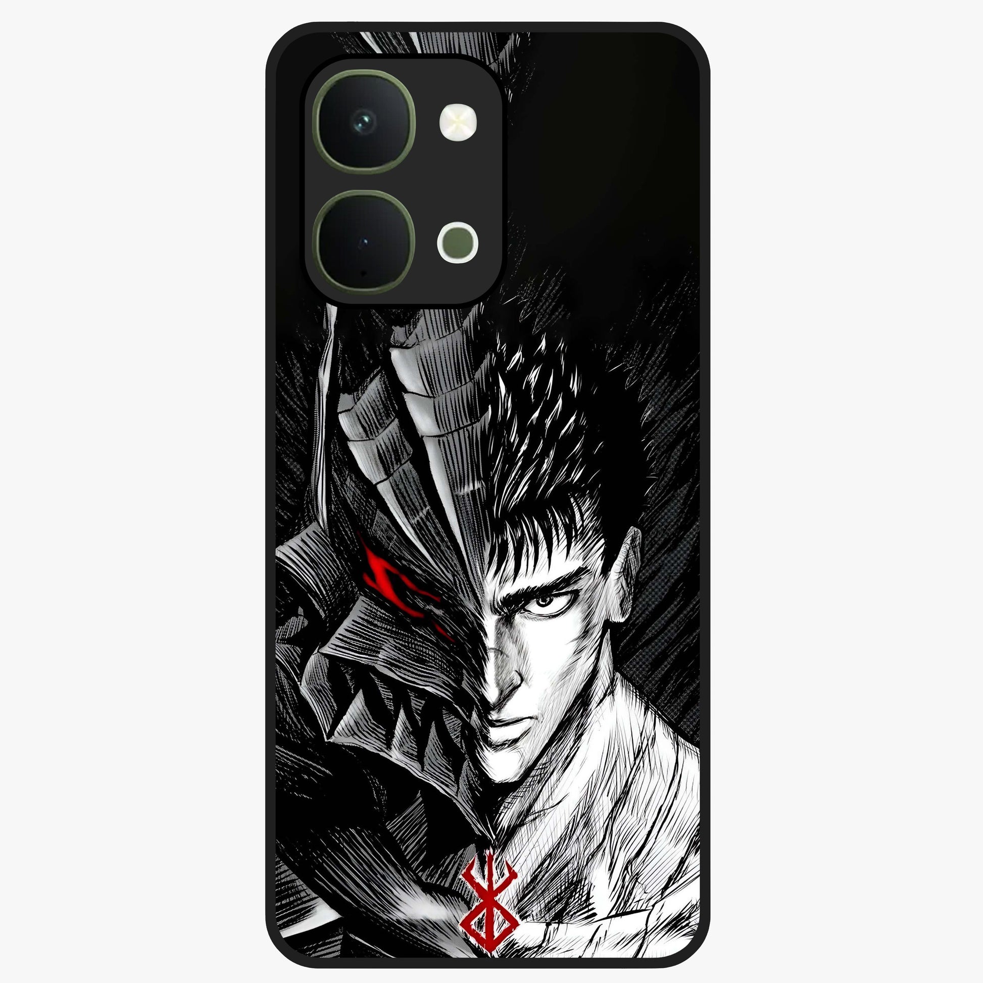 Berserker Blood Oath Glass Case showing flat back view with fierce warrior inspired artwork and glossy glass finish.
