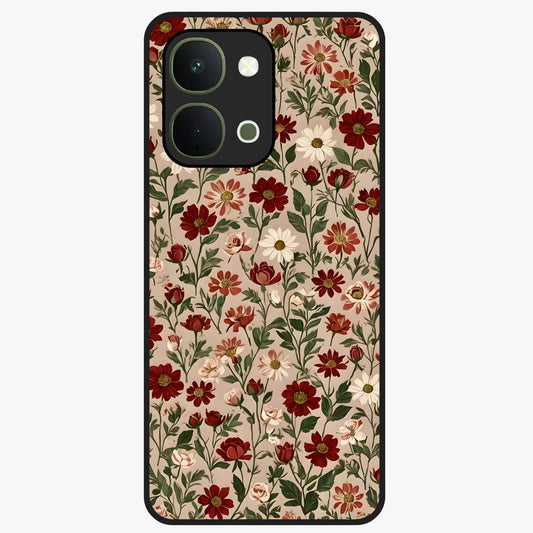Biege Flower With Leaf Glass Case showing flat back view with soft beige floral artwork and glossy glass finish.