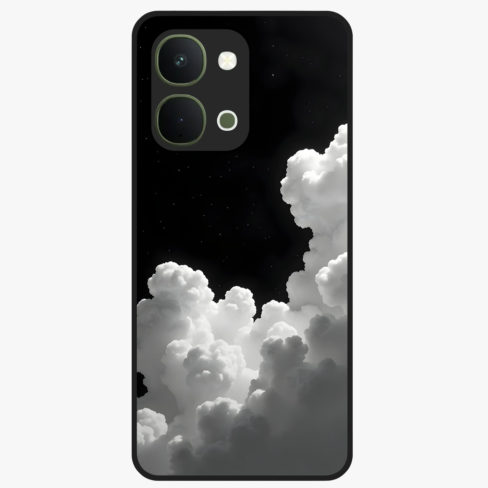 Black Background With White Cloud Glass Case showing flat back view with minimal cloud artwork on dark background and glossy glass finish.
