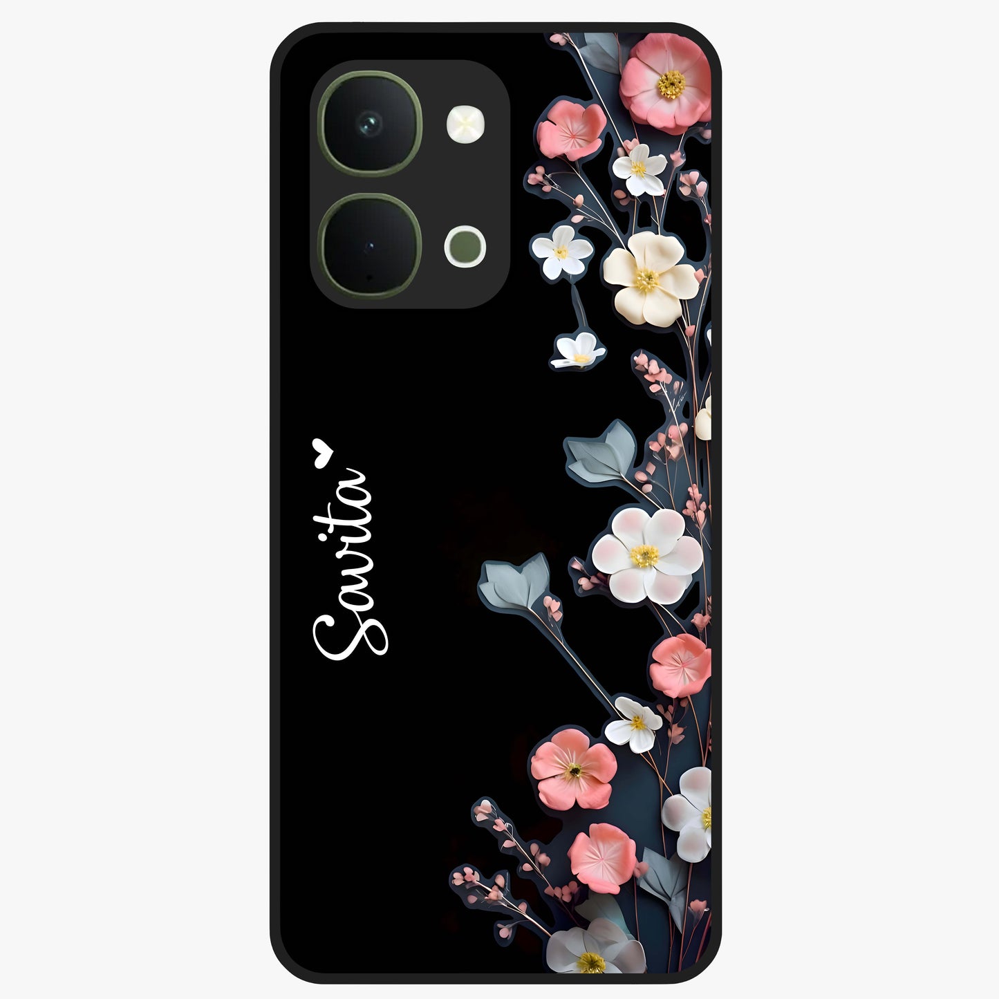 Black Elegance Floral Custom Name Glass Case showing flat back view with elegant floral artwork and personalized name design.