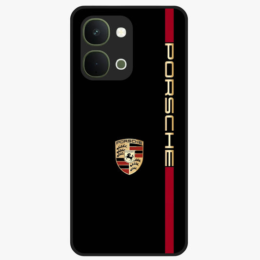 Black Minimal Porsche Glass Case showing flat back view with sleek minimal sports car artwork and glossy glass finish.
