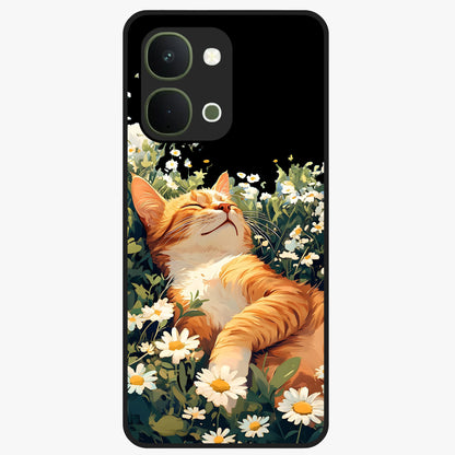 Blissful Bloom Cat Glass Case showing flat back view with cute cat and floral bloom artwork and glossy glass finish.