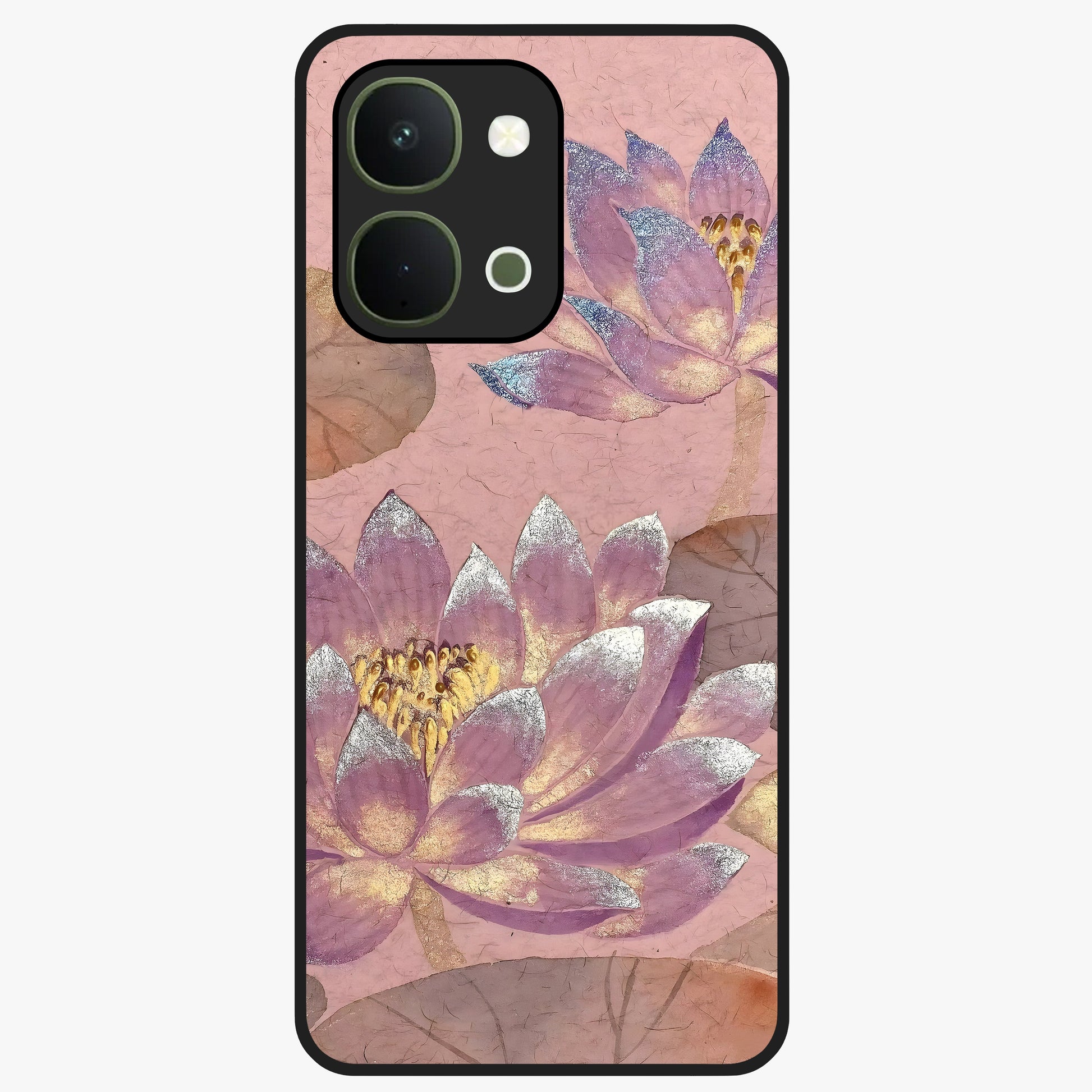 Blossom Mist Lotus Glass Case showing flat back view with serene lotus blossom artwork and glossy glass finish.