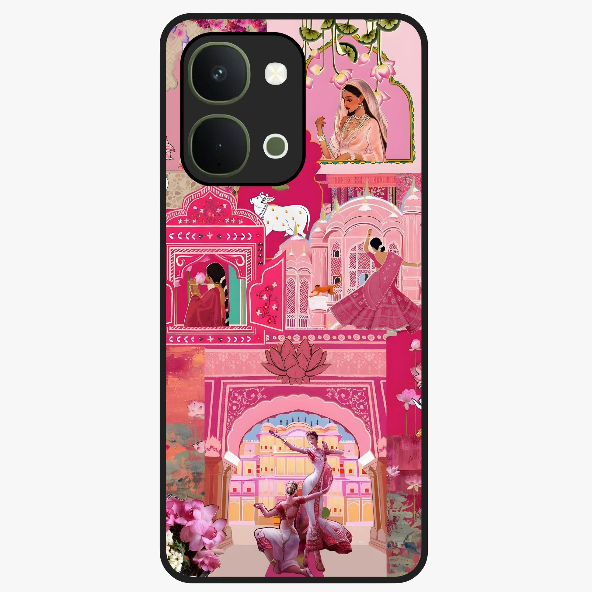 Blossoms of Rajasthan Glass Case showing flat back view with traditional floral artwork inspired by Rajasthan and glossy glass finish.