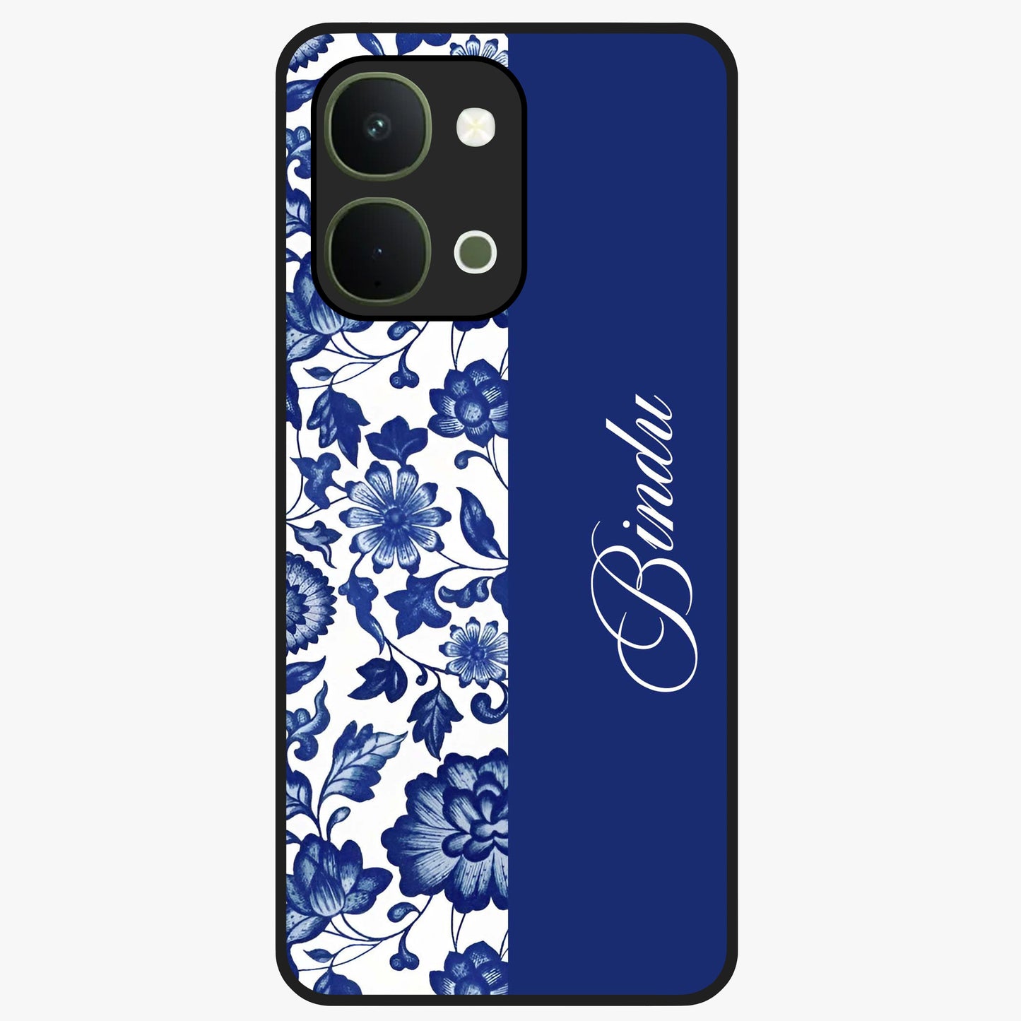Blue Vintage Floral Pattern Glass Case upright view showcasing timeless floral illustration with vintage inspired style.