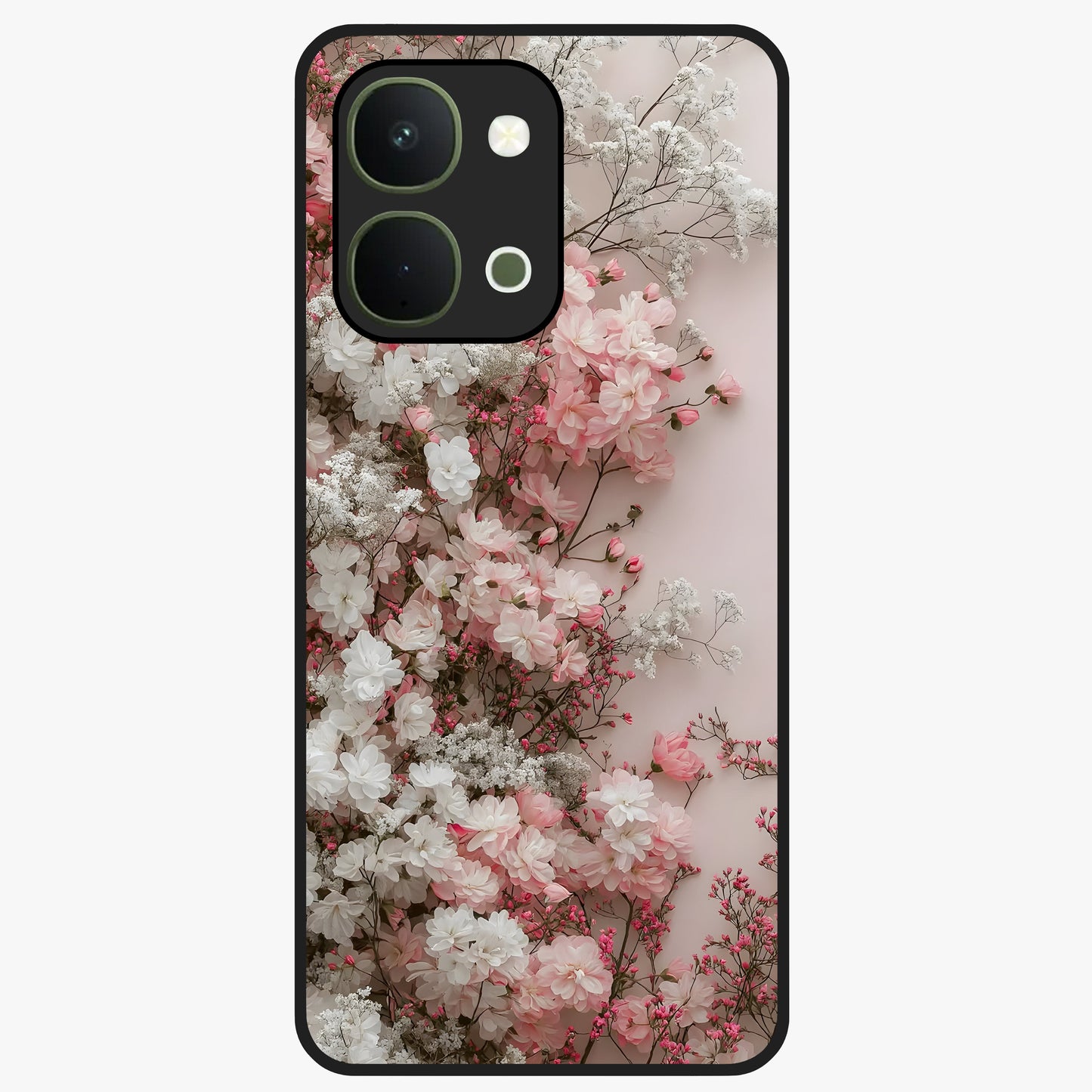 Blush Blossom Cloud Glass Case showing flat back view with dreamy blush cloud blossom artwork and glossy glass finish.