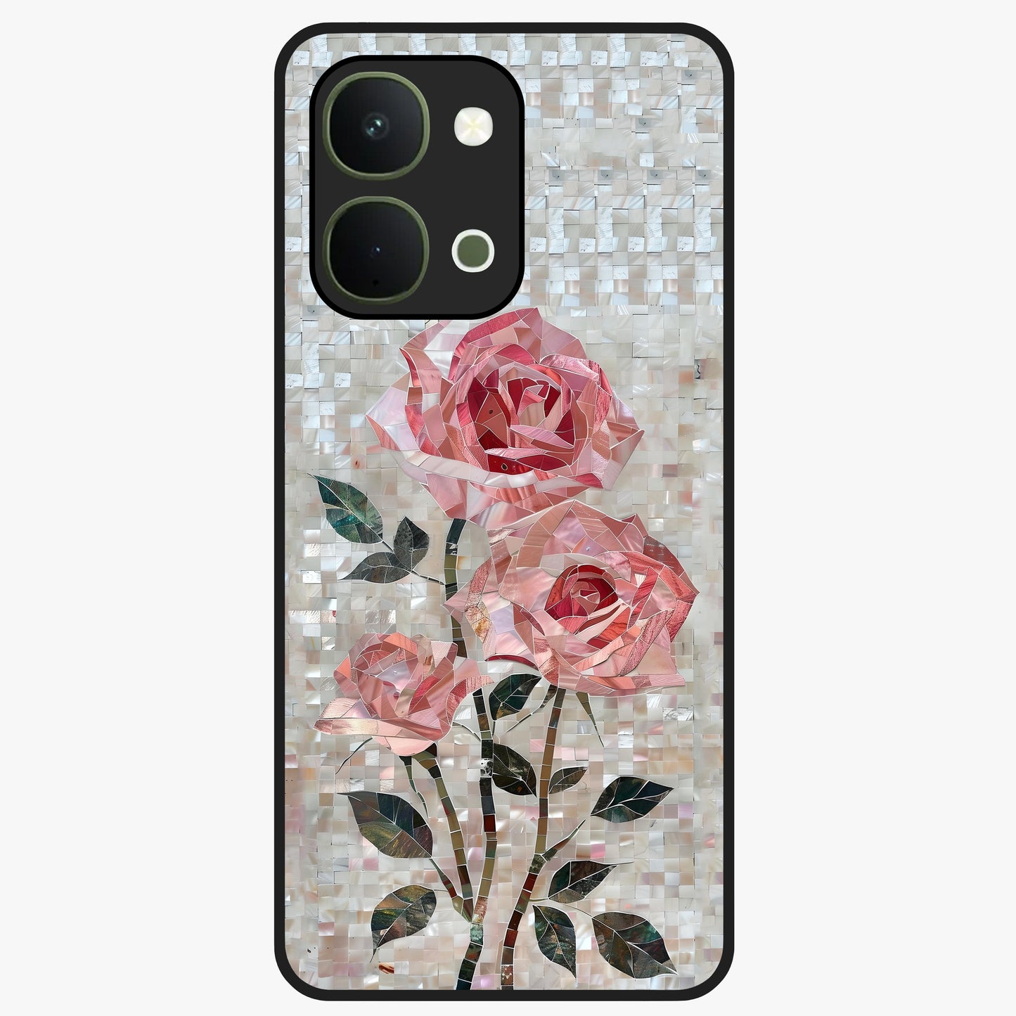 Blush Mosaic Bloom Glass Case showing flat back view with mosaic floral bloom artwork and glossy glass finish.
