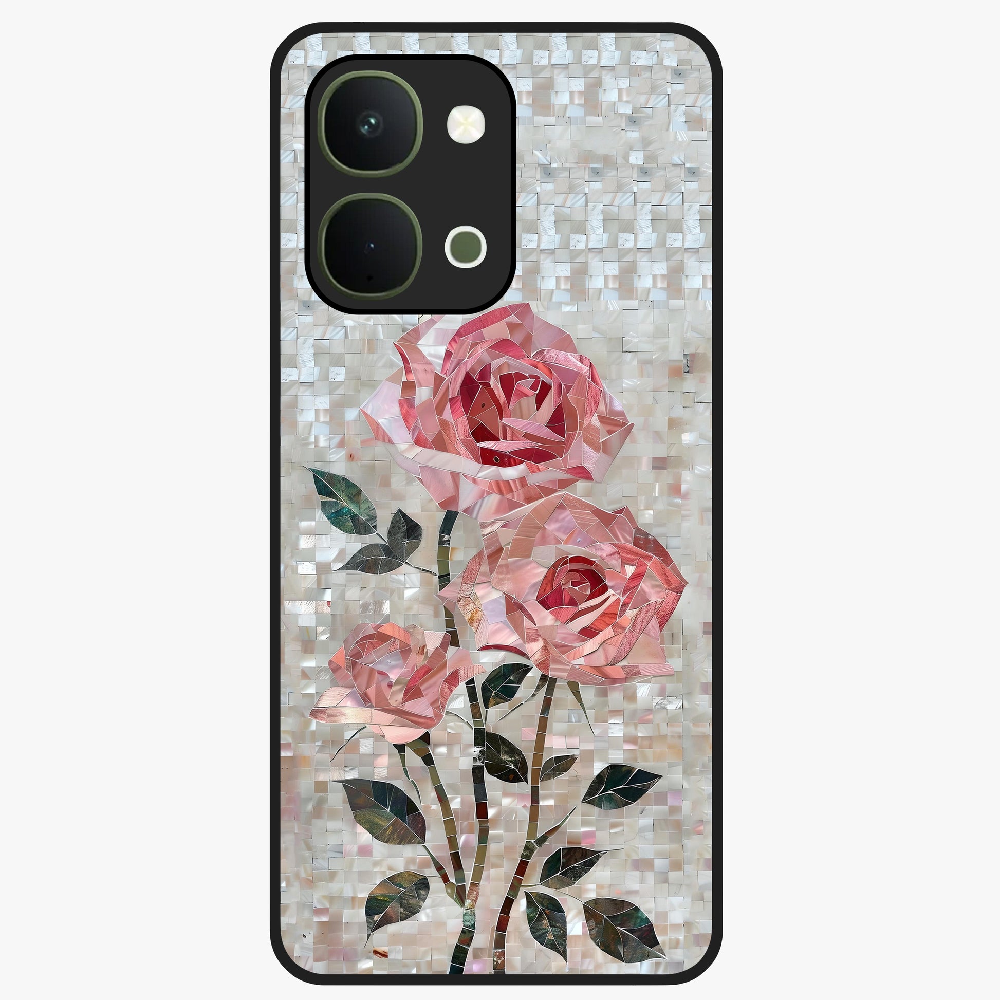 Blush Mosaic Bloom Glass Case showing flat back view with mosaic floral bloom artwork and glossy glass finish.