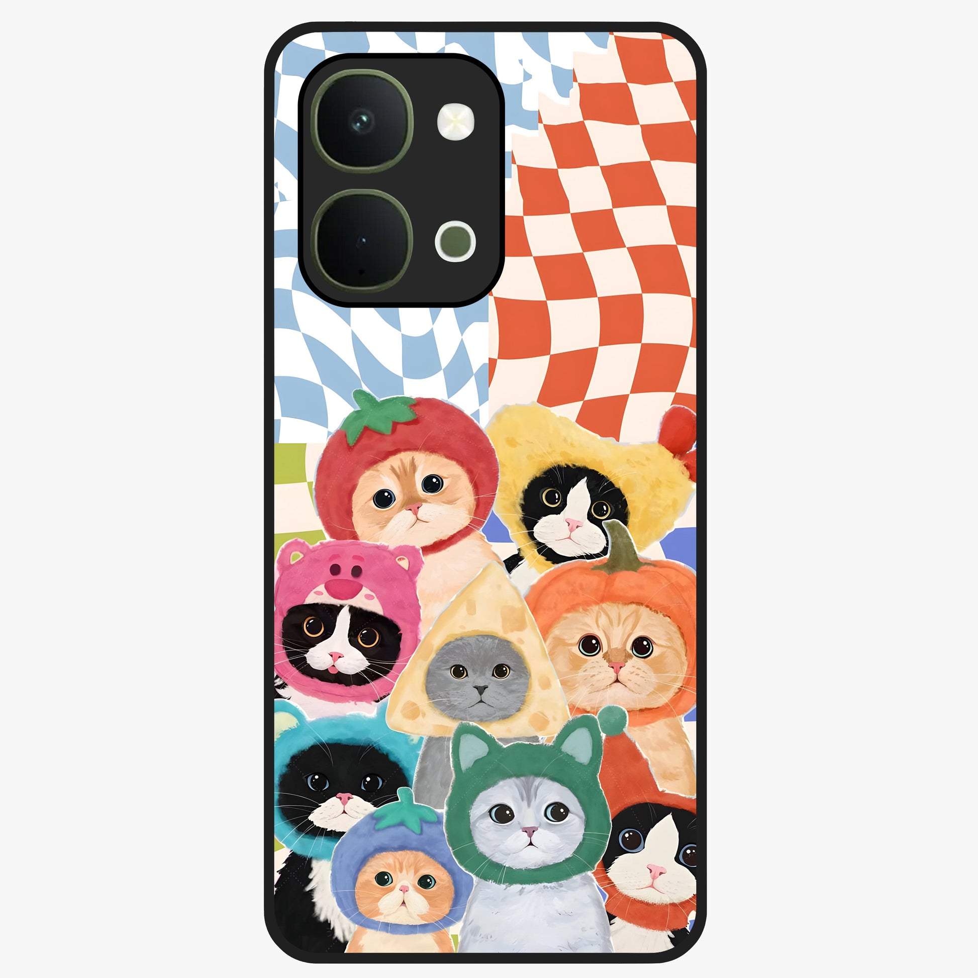 Cats in Fruits Glass Case showing flat back view with playful cat illustrations inside fruit artwork and glossy glass finish.