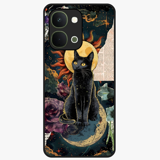 Celestial Black Cat Glass Case showing flat back view with mystical black cat artwork and glossy glass finish.