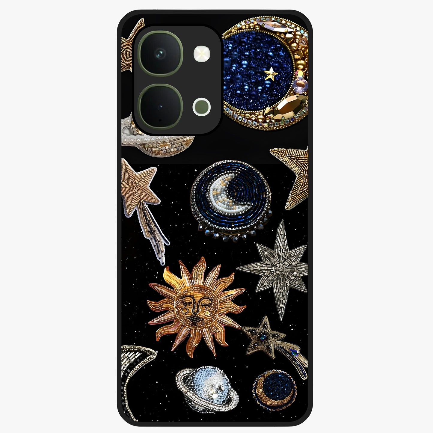 Celestial Gem Constellations Glass Case showing flat back view with sparkling constellation artwork and glossy glass finish.