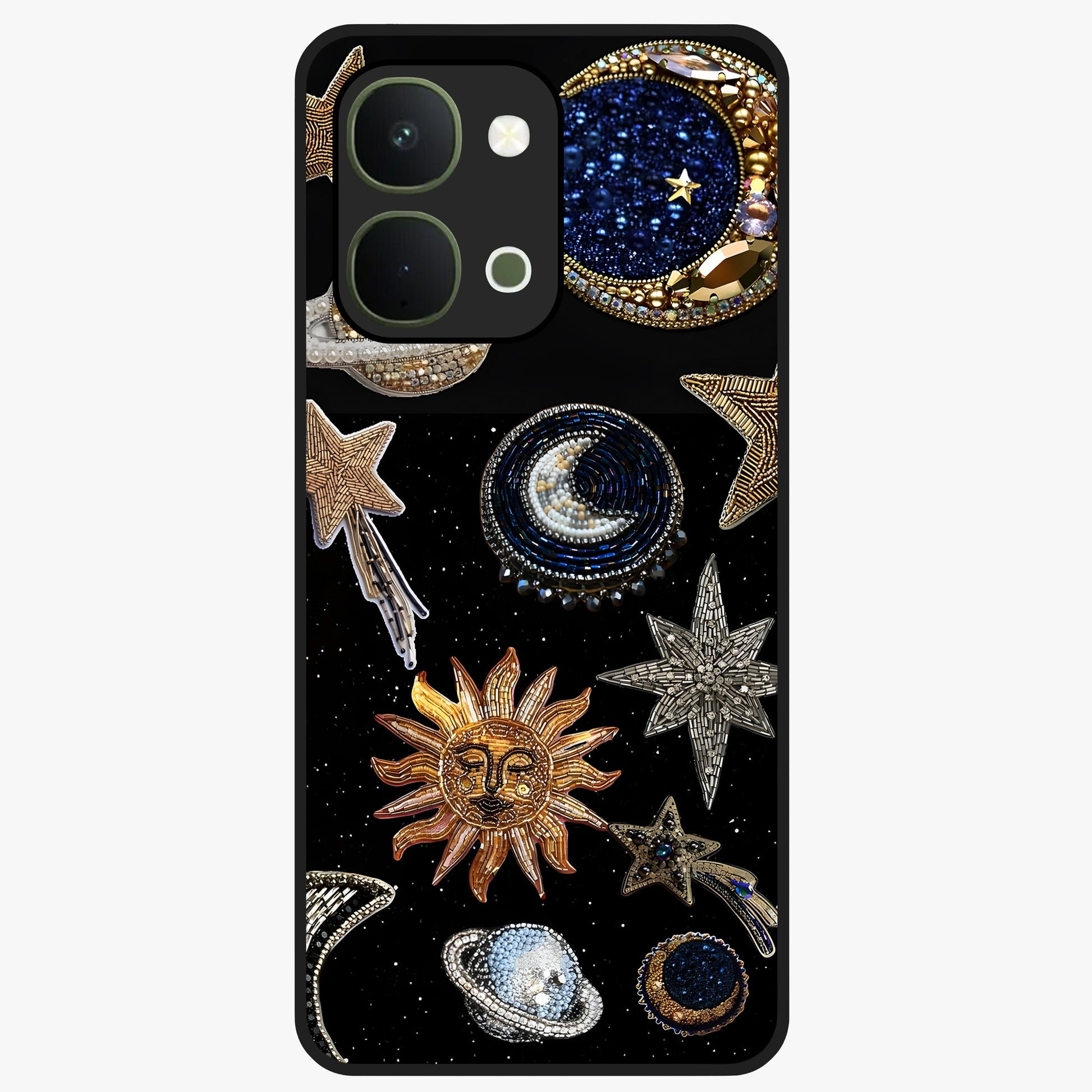 Celestial Gem Constellations Glass Case showing flat back view with sparkling constellation artwork and glossy glass finish.