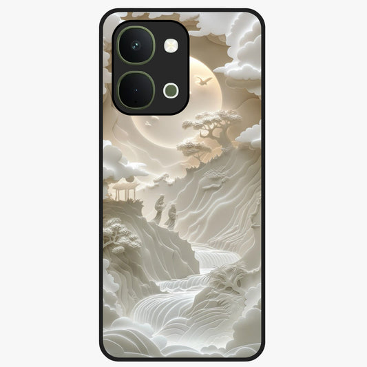 Celestial Origami Glass Case showing flat back view with artistic origami inspired celestial artwork and glossy glass finish.