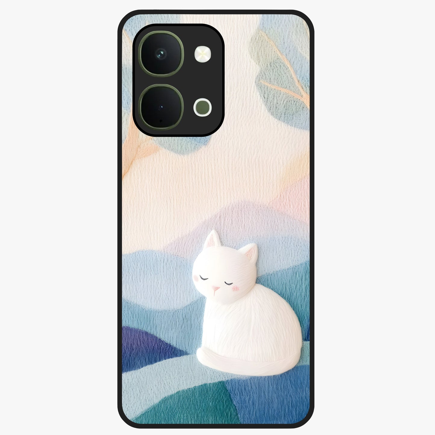 Cotton Dream Cat Glass Case showing flat back view with soft dreamy cat artwork and glossy glass finish.