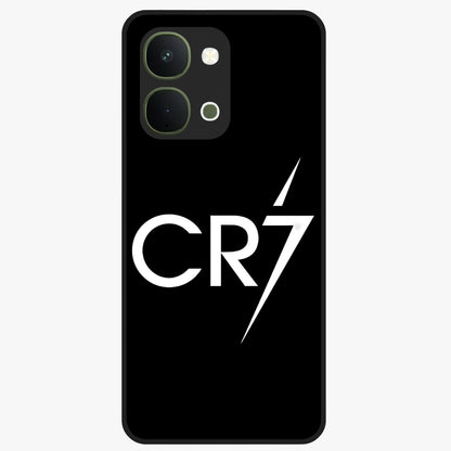 Cr7 Elite Strike Glass Case showing flat back view with dynamic football inspired artwork and glossy glass finish.
