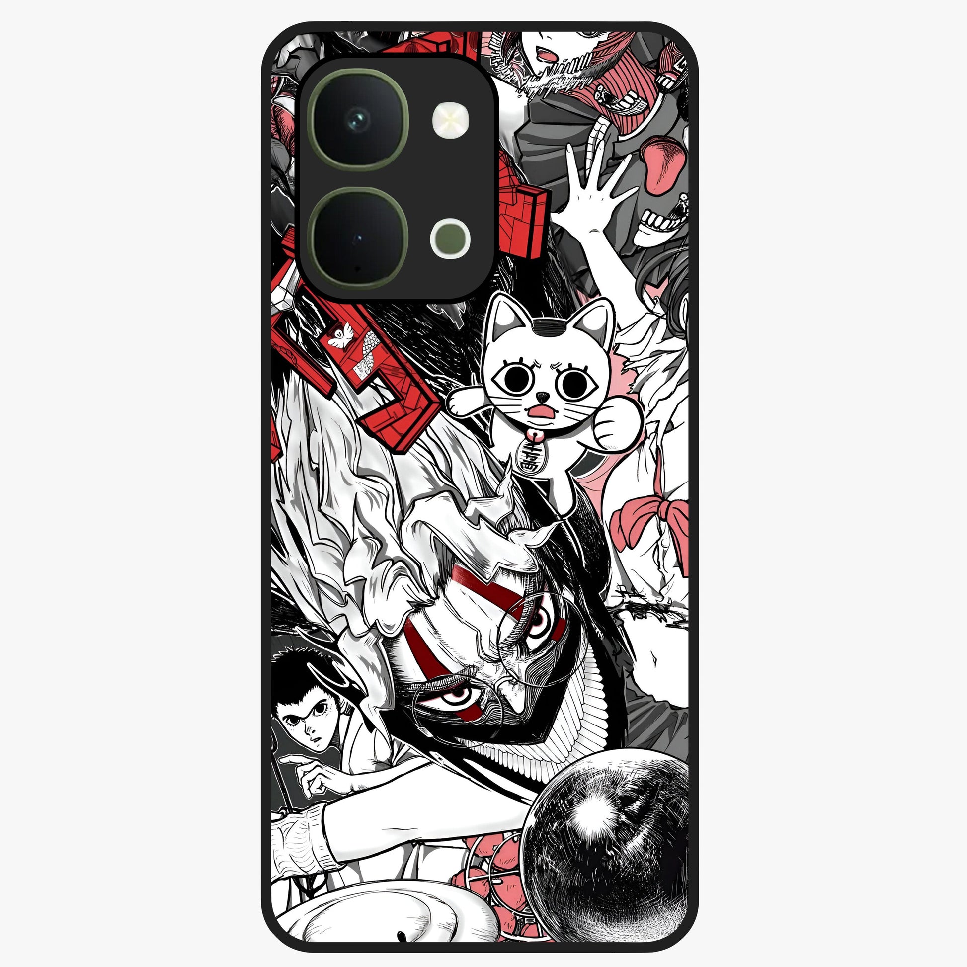 Crimson Chaos Panel Glass Case showing flat back view with bold crimson abstract artwork and glossy glass finish.
