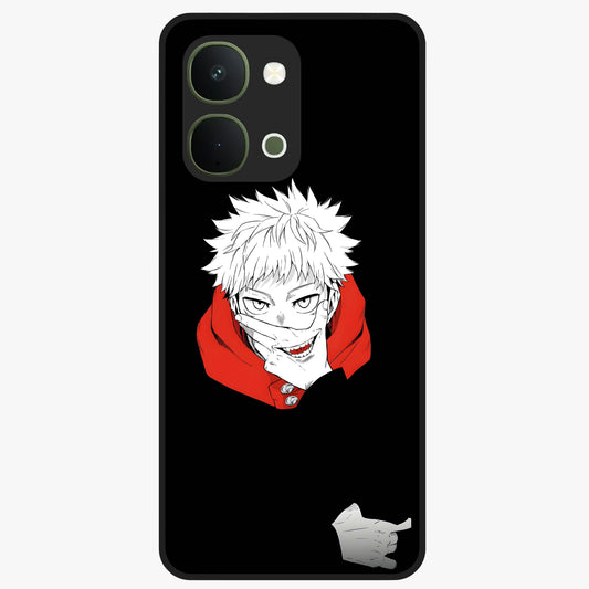 Crimson Chaos Smile Glass Case showing flat back view with bold chaotic smile artwork and glossy glass finish.