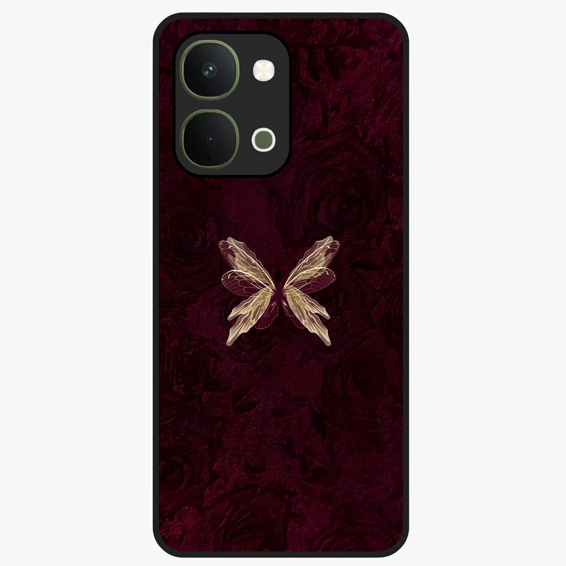 Crimson Fade Butterfly Glass Case showing flat back view with fading butterfly artwork and glossy glass finish.