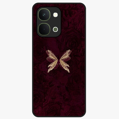 Crimson Fade Butterfly Glass Case showing flat back view with fading butterfly artwork and glossy glass finish.