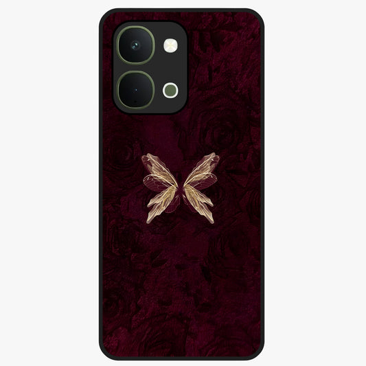 Crimson Fade Butterfly Glass Case showing flat back view with fading butterfly artwork and glossy glass finish.