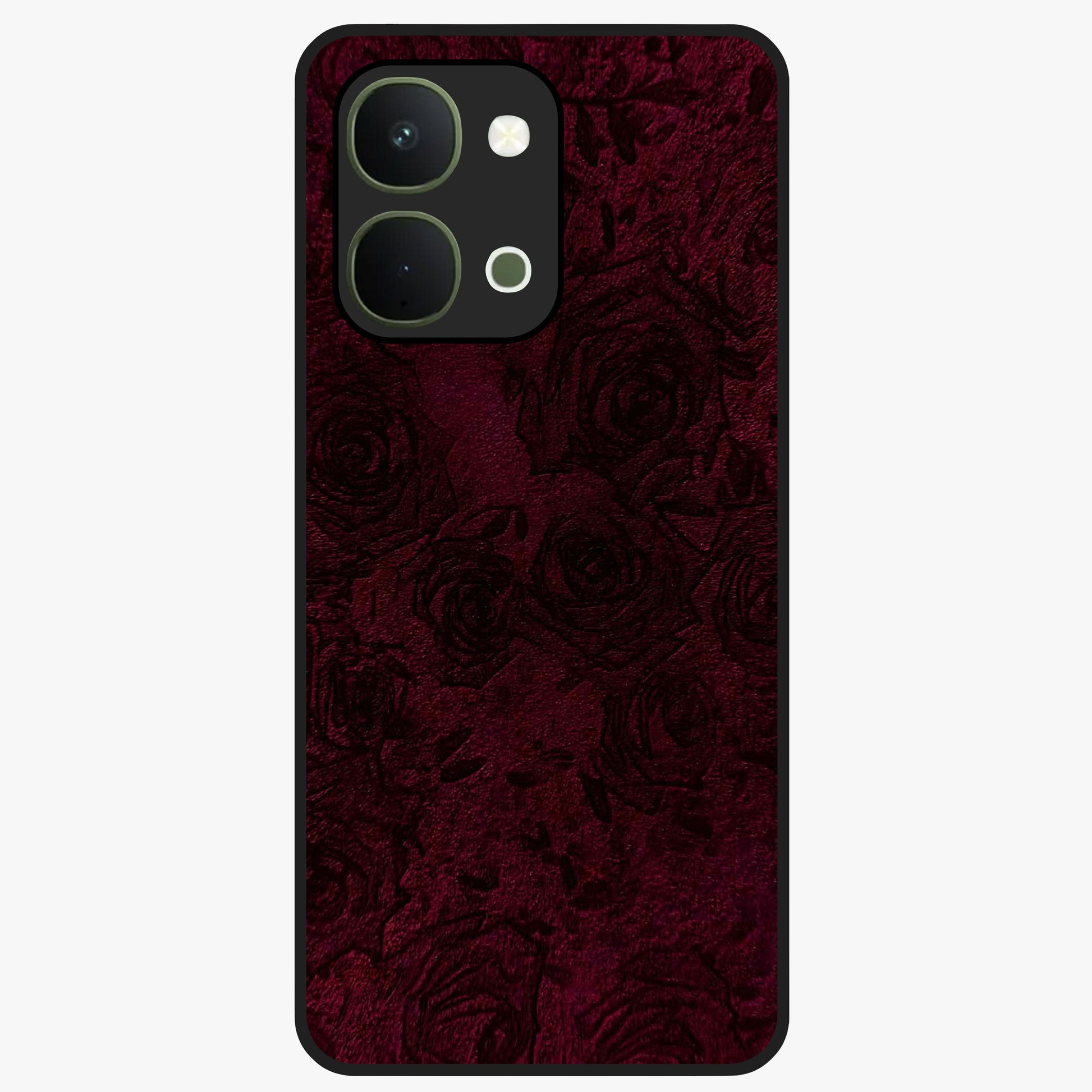 Crimson Fade Flow Glass Case showing flat back view with flowing crimson gradient artwork and glossy glass finish.