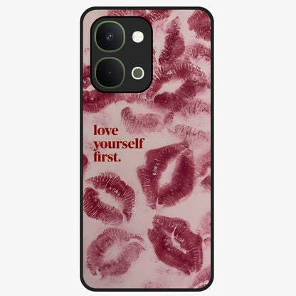 Crimson Kiss Love Glass Case showing flat back view with romantic crimson themed artwork and glossy glass finish.